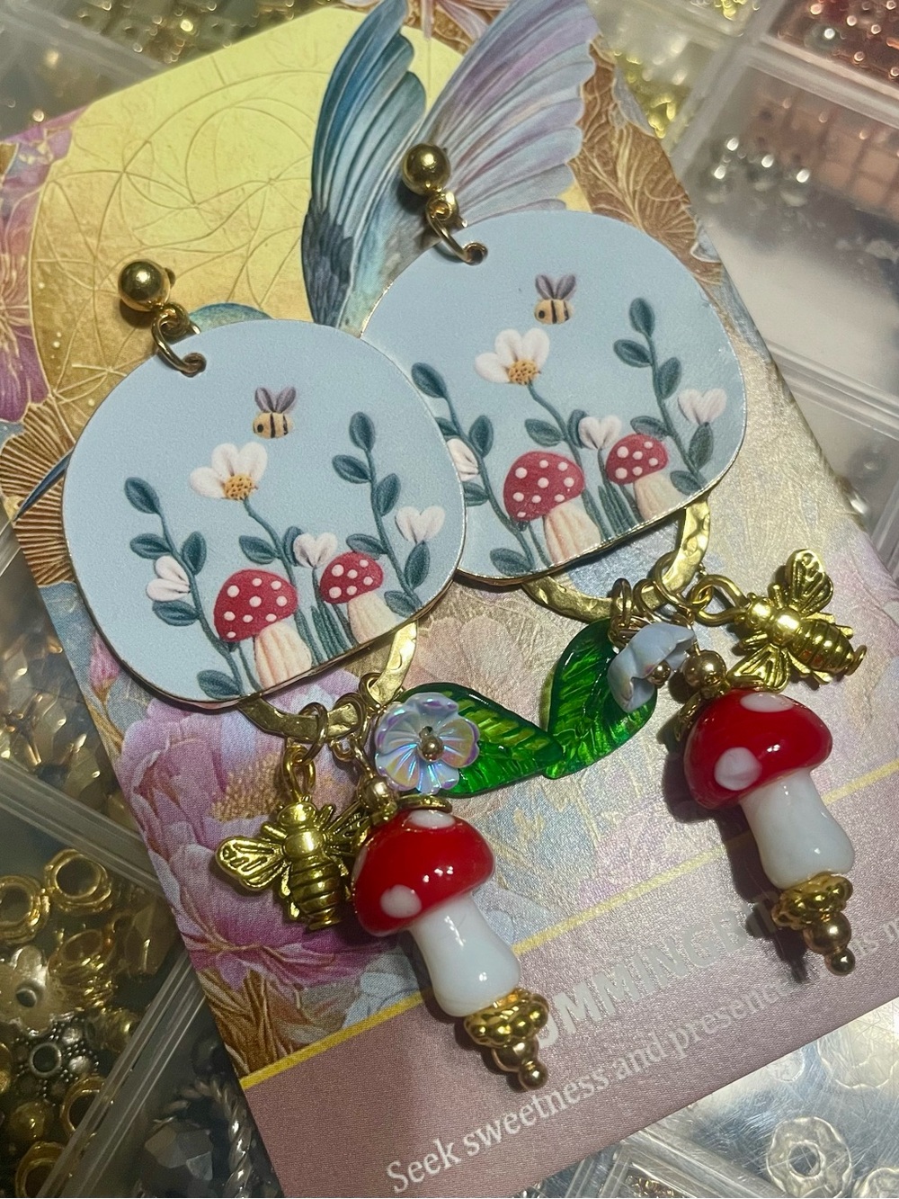 Whimsical Mushroom & Bee Drop Earrings - Red, White, Gold
